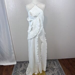 Sunfere Nina Asymmetry Pleated Halterneck Midi Dress Womens M/L White Formal